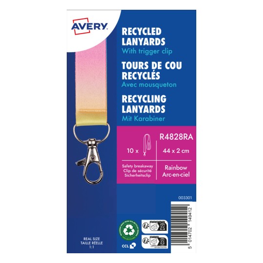 En bild av återvunna nyckelband från Avery, med karbinhake, regnbågens färger, paket med 10, säkerhetsutlösare och logotyp för återvunnet material.
