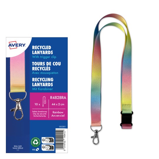Bilden visar ett paket med återvunna nyckelband med en regnbågsgradientdesign och en karbinhake. Förpackningen framhäver dess egenskaper och specifikationer.