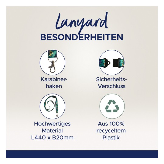 Bilden visar en presentation av en nyckelband som visar dess speciella egenskaper, inklusive en karbinhake, säkerhetslås, högkvalitativa material specifikationer och användning av 100% återvunnen plast.