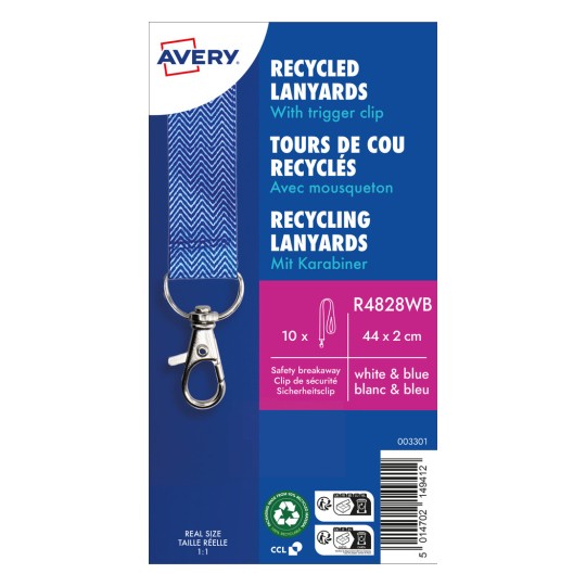 Denna bild visar en förpackningsetikett för återvunna nyckelband från Avery, med en blå och vit design, en karbinhake, återvinningssymboler och produktinformation.