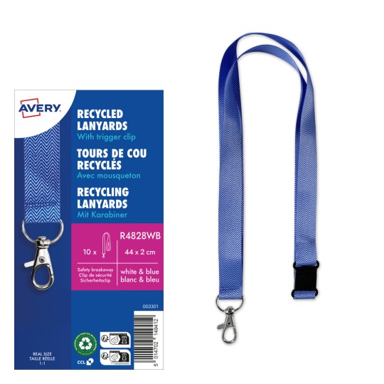 Bilden visar ett paket med återvunna halsband från Avery med ett blått och vitt design, en tryckklämma och specifikationer som finns listade på förpackningen.