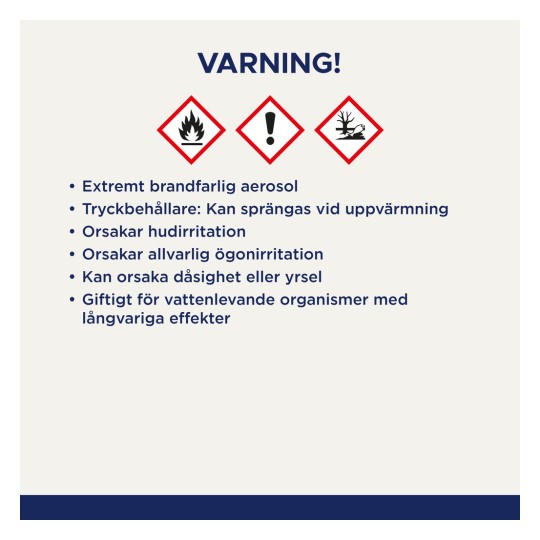 Bilden innehåller en varningsetikett med säkerhetsinformation, som anger farorna med en mycket brandfarlig aerosol, risk för ögonirritation och miljörisker.