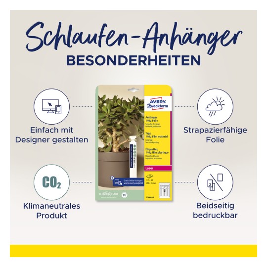 Bilden visar en förpackningsdesign för Avery Zweckform tags. Den framhäver olika egenskaper såsom enkel design, hållbart filmmaterial, klimatneutral produktstatus och dubbelsidig utskrift.