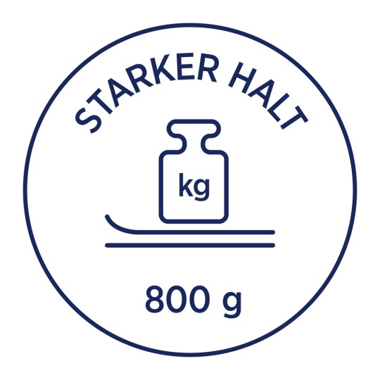 Bilden visar en etikett eller ikon med texten 'STARKER HALT' högst upp, som avbildar en viktsymbol (en vågflaska) med 'kg' skrivet på. Nedanför står vikten '800 g'.