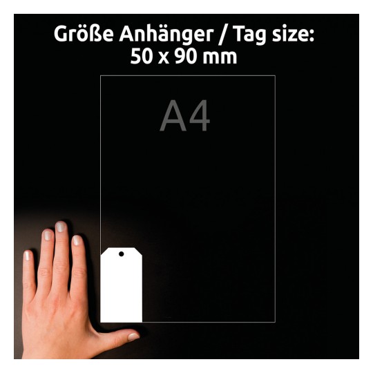 Storleksjämförelse med hand, artikel: T2002-10, ett ark anhängare, format: 90 x 50 mm, färg: ultravit?