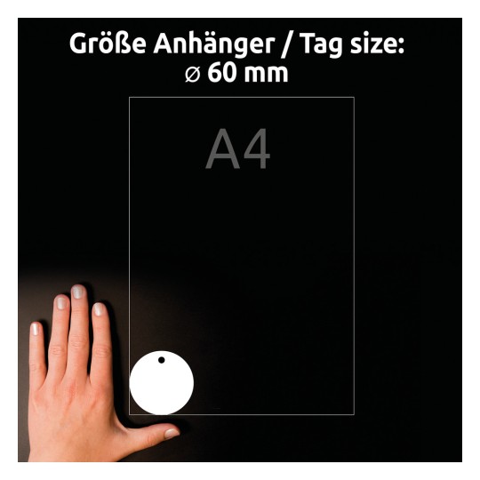 Storleksjämförelse med hand, artikel: T2004-10, en bit hänge, format: ⌀ 60 mm, färg: ultravit.