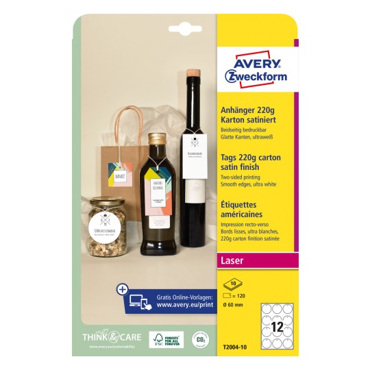 Förpackningsbild: Avery Zweckform, Artikel: T2004-10, Format: ⌀ 60 mm, Utskriftsmöjlighet: Laser svart/vit, färglaser, Innehåll: 120 etiketter / 10 ark, 12 etiketter/ark