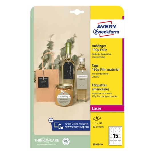 Förpackningsbild: Avery Zweckform, Artikel: T3003-10, Format: 50 x 50 mm, Lämplig för utskrift: Laser svart/vit, färglaser, Innehåll: 150 etiketter / 10 ark, 15 etiketter/ark.