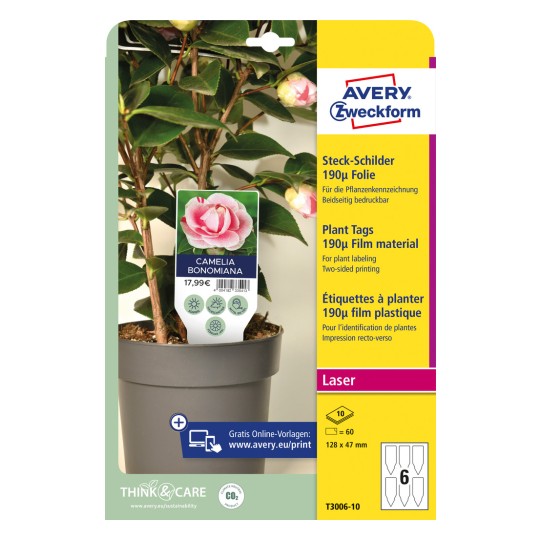Förpackningsbild: Avery Zweckform, Artikel: T3006-10, Format: 128 x 47 mm, Skrivarens kompatibilitet: Laser svart/vit, färglaser, Innehåll: 60 stycken / 10 ark, 6 stycken/ark?