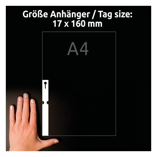 Storleksjämförelse med hand, Artikel: T3007-10, ett ark med loop-taggar, format: 160 x 17 mm, färg: vit.