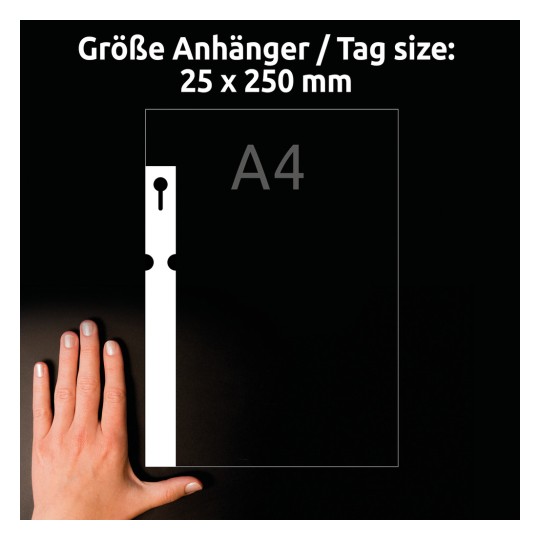 Storleksjämförelse med hand, artikel: T3008-10, ett ark öglor-tags, format: 250 x 25 mm, färg: vit?