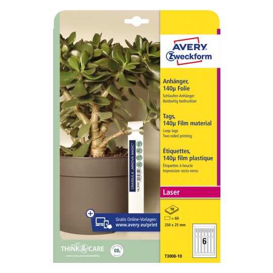 Förpackningsbild: Avery Zweckform, Artikel: T3008-10, Format: 250 x 25 mm, Skrivarutgåva: Laser s/v, färglaser, Innehåll: 60 etiketter / 10 ark, 6 etiketter/ark?