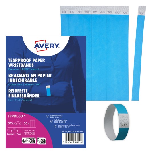 Bilden visar ett paket med blå rivsäkra pappersarmband tillverkade av TYVEK-material, med en modell som bär ett. Den inkluderar produktinformation och förpackningsdesign.