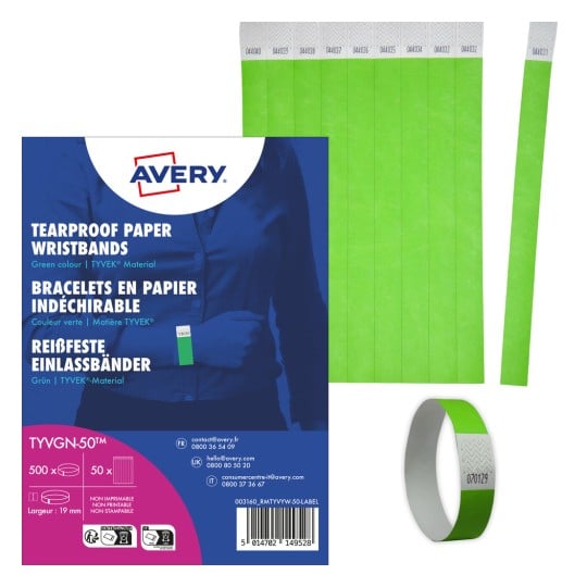 Bilden visar ett paket med revaresistenta gröna pappersarmband tillverkade av TYVEK-material, med flera armband visade och förpackningsinformation synlig.
