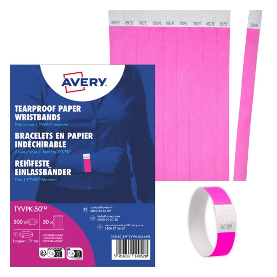 En bild som visar ett paket med rosa tåliga pappersarmband från Avery, som visar förpackningen och några armband.