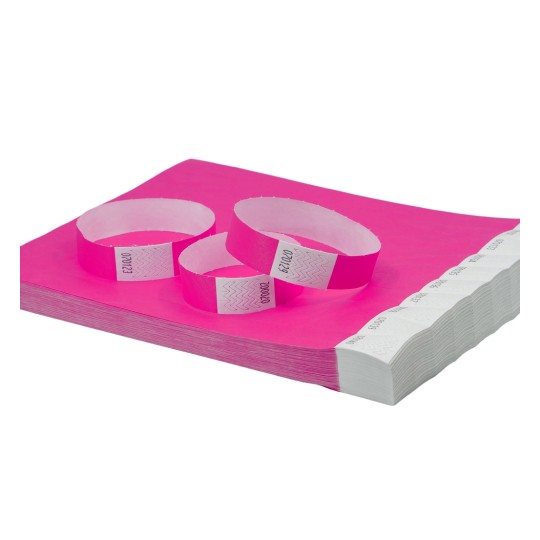 Bilden visar en hög med rosa papper med två rosa slingor och en vit flikad kant, märkt med siffror.