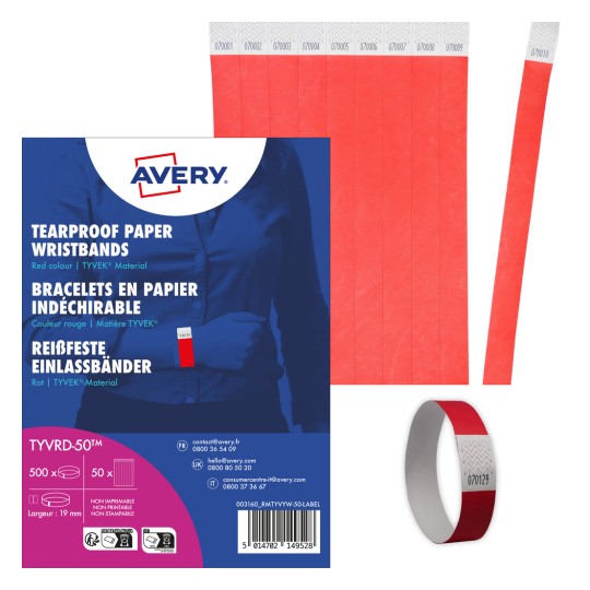 Bilden visar rivtåliga pappersarmband i röd färg och presenterar ett paket armband med förpackningsdetaljer samt en visuell representation av armbanden.