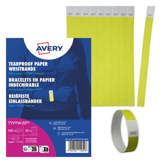 Bilden visar ett paket med rivtåliga pappersarmband i gul färg, tillverkade av TYVEK-material, med olika serienummer. Ett armband för demonstration är inkluderat.