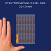 Storleksjämförelse med hand, artikel: 3008, ett ark etiketter i specialformat, format: 39 x 9 mm, färg: lysande orange?