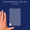 Storleksjämförelse med hand, artikel: 3041, ett ark allround-etiketter, format: 13 x 8 mm, färg: vit.