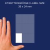 Storleksjämförelse med hand, Artikel: 3045, ett ark med multifunktionsetiketter, format: 38 x 24 mm, färg: vit.