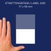 Storleksjämförelse med hand, Artikel: 3046, ett ark multifunktionsetiketter, format: 77 x 59 mm, färg: vit?