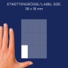 Storleksjämförelse med hand, artikel: 3077, ett ark allroundetiketter, format: 38 x 18 mm, färg: vit.