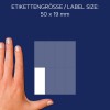 Storleksjämförelse med hand, artikel: 3079, ett ark med flerfunktionsetiketter, format: 50 x 19 mm, färg: vit.