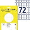 Förpackningsbild med etikettsidor: Avery Zweckform Mångsidiga etiketter, artikel: 3312, format: 18 x 12 mm, innehåll: 1.800 etiketter / 25 ark, 72 etiketter/ark.