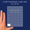 Storleksjämförelse med hand, Artikel: 3318, ett ark flerfunktionsetiketter, format: 22 x 18 mm, färg: vit?