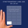Storleksjämförelse med hand, artikel: 3325, ett ark mångsidiga etiketter, format: 38 x 24 mm, färg: vit.