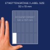Storleksjämförelse med hand, artikel: 3327, ett ark multifunktionsetiketter, format: 50 x 19 mm, färg: vit.