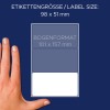 Storleksjämförelse med hand, artikel: 3331, ett ark med allroundetiketter, format: 98 x 51 mm, färg: vit.