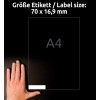 Storleksjämförelse med hand, artikel: 3420, ett ark universal-etiketter, format: 70 x 16,9 mm, färg: vit.