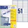Förpackningsbild med etikettark: Avery Zweckform Universal-etiketter, Artikel: 3420, Format: 70 x 16,9 mm, Utskriftslämplighet: Bläckstråle, Laser s/v, Färglaser, Innehåll: 5.100 etiketter / 100 ark, 51 etiketter/ark.