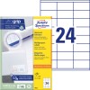 Förpackningsbild med etikettark: Avery Zweckform Universaletiketter, Artikel: 3422, Format: 70 x 35 mm, Trycklämplighet: Bläckstråleskrivare, Laser svart/vit, Färglaser, Innehåll: 2 400 etiketter / 100 ark, 24 etiketter/ark.