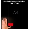 Storleksjämförelse med hand, artikel: 3448, ett ark färgade etiketter, format: 70 x 37 mm, färg: röd.