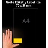Storleksjämförelse med hand, artikel: 3451, ett ark färgade etiketter, format: 70 x 37 mm, färg: gul.
