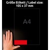 Storleksjämförelse med hand, Artikel: 3452, ett ark färgade etiketter, format: 105 x 37 mm, färg: röd.