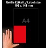 Storleksjämförelse med hand, artikel: 3456, ett ark färgade etiketter, format: 105 x 148 mm, färg: röd.
