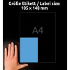 Storleksjämförelse med hand, Artikel: 3457, ett ark färgade etiketter, format: 105 x 148 mm, färg: blå?