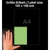 Storleksjämförelse med hand, artikel: 3458, ett ark färgade etiketter, format: 105 x 148 mm, färg: grön.