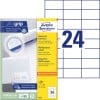 Förpackningsbild med etikettark: Avery Zweckform Universaletiketter, Artikel: 3474, Format: 70 x 37 mm, Utskriftslämplighet: Bläckstråleskrivare, svartvit laserskrivare, färglaserskrivare, Innehåll: 2 400 etiketter / 100 ark, 24 etiketter/ark.