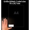 Storleksjämförelse med hand, artikel: 3489, ett ark universaletiketter, format: 70 x 29,7 mm, färg: vit.
