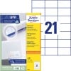 Förpackningsbild med etikettark: Avery Zweckform Universaletiketter, Artikel: 3652, Format: 70 x 42,3 mm, Skrivaröverensstämmelse: Bläckstråle, laser svart/vit, färglaser, Innehåll: 2.100 etiketter / 100 ark, 21 etiketter/ark.