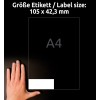 Storleksjämförelse med hand, artikel: 3653, ett ark universaletiketter, format: 105 x 42,3 mm, färg: vit?