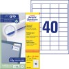 Förpackningsbild med etikettark: Avery Zweckform Universal-etiketter, Artikel: 3657, Format: 48,5 x 25,4 mm, Utskriftslämplighet: Bläckstråleskrivare, Laser svart/vit, Färglaser, Innehåll: 4 000 etiketter / 100 ark, 40 etiketter/ark.
