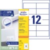 Förpackningsbild med etikettark: Avery Zweckform Universal-etiketter, Artikel: 3659, Format: 97 x 42,3 mm, Utskriftslämplighet: Bläckstråle, Laser svart/vit, Färglaser, Innehåll: 1.200 etiketter / 100 ark, 12 etiketter/ark.