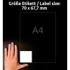 Storleksjämförelse med hand, artikel: 3661, ett ark universaletiketter, format: 70 x 67,7 mm, färg: vit.