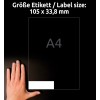 Storleksjämförelse med hand, artikel: 3665, ett ark universaletiketter, format: 105 x 33,8 mm, färg: vit.